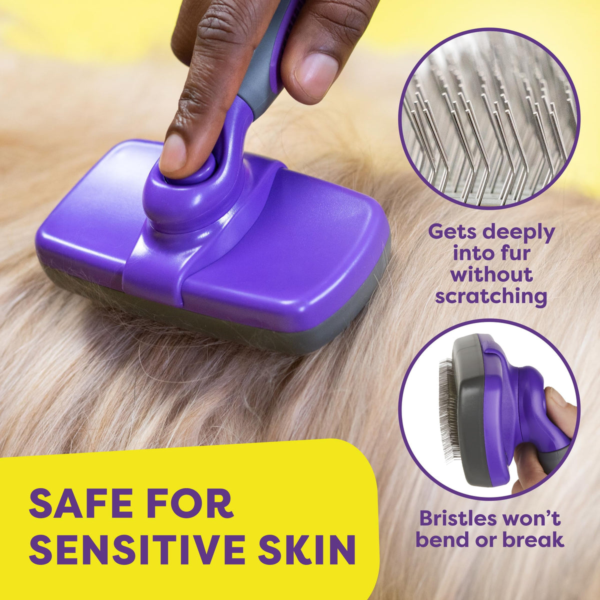 Self-Cleaning Slicker Brush for Dogs and Cats - Grooming Tool for Shedding Long and Short Hair with Retractable Bristles - Purple