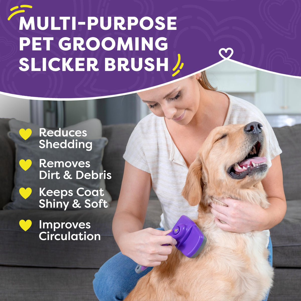 Self-Cleaning Slicker Brush for Dogs and Cats - Grooming Tool for Shedding Long and Short Hair with Retractable Bristles - Purple