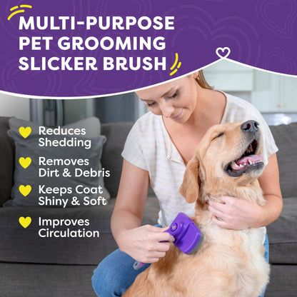 Self-Cleaning Slicker Brush for Dogs and Cats - Grooming Tool for Shedding Long and Short Hair with Retractable Bristles - Purple