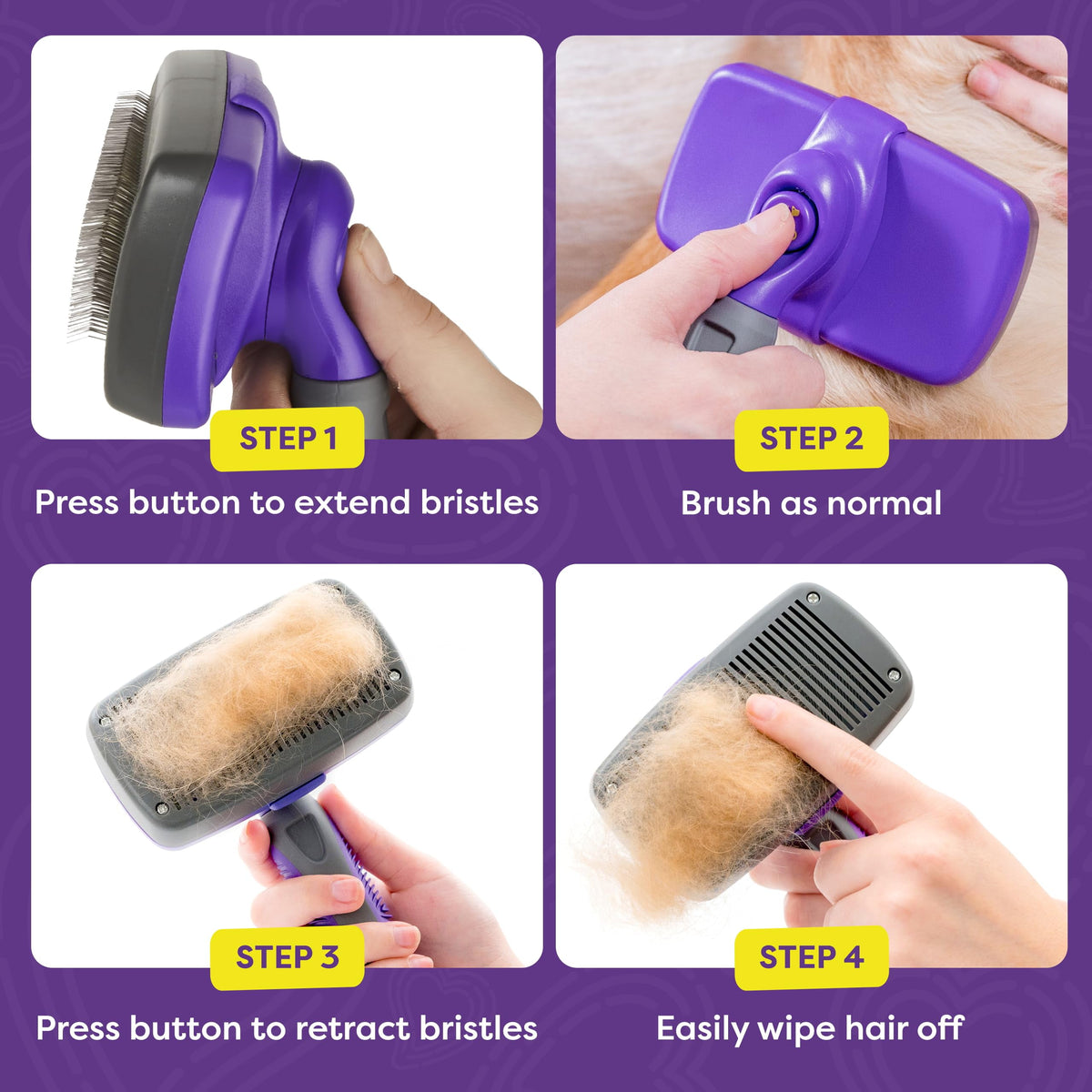 Self-Cleaning Slicker Brush for Dogs and Cats - Grooming Tool for Shedding Long and Short Hair with Retractable Bristles - Purple