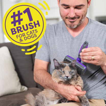 Self-Cleaning Slicker Brush for Dogs and Cats - Grooming Tool for Shedding Long and Short Hair with Retractable Bristles - Purple