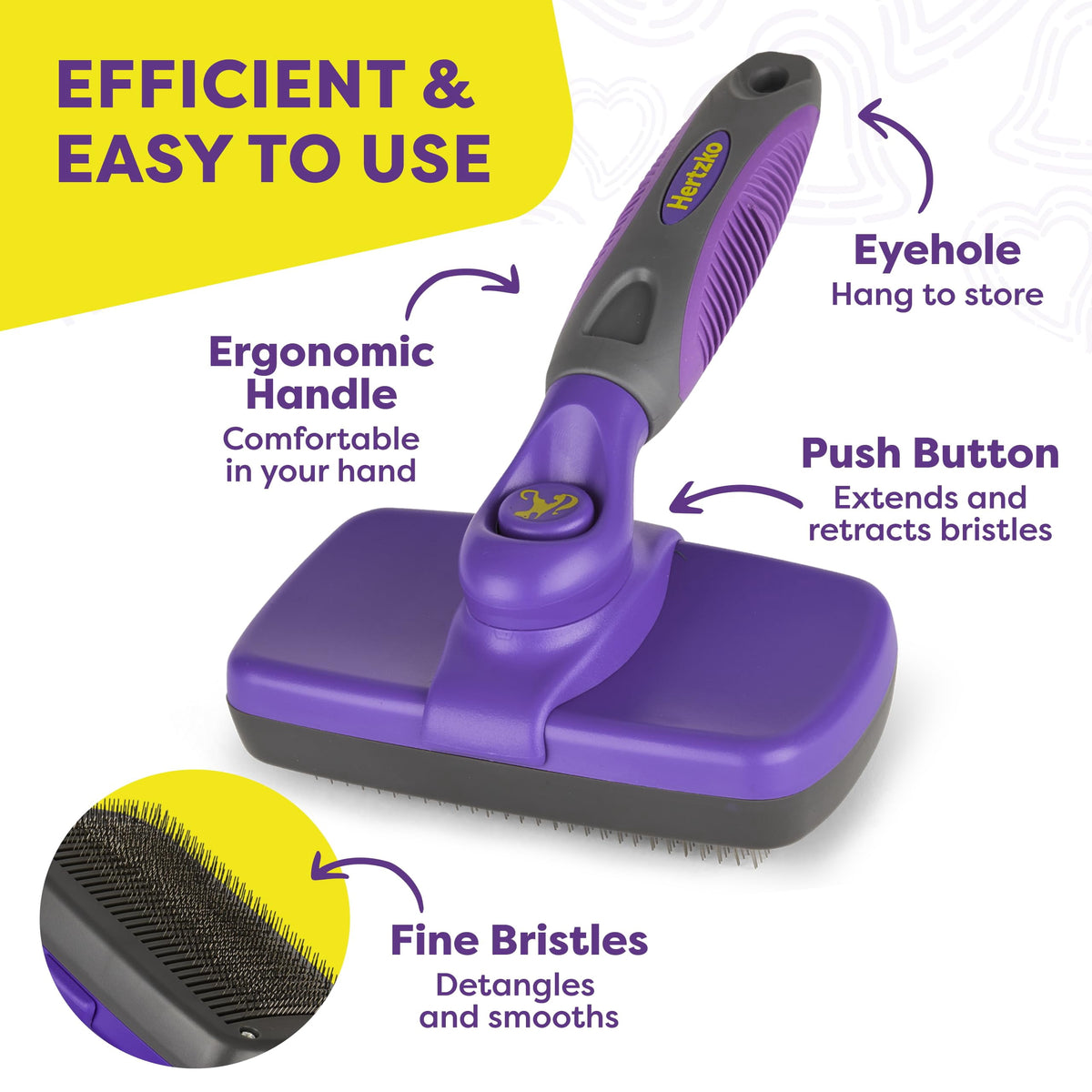 Self-Cleaning Slicker Brush for Dogs and Cats - Grooming Tool for Shedding Long and Short Hair with Retractable Bristles - Purple